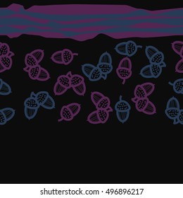 Seamless horizontal pattern of  acorns, stripes. Hand drawn.