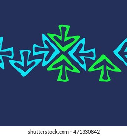 Seamless  horizontal pattern with arrows , doodles,  object, sign,  , symbol, hole, spots, copy space. Hand drawn.