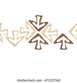Seamless  horizontal pattern with arrows , doodles,  object, sign,  , symbol, hole, spots, copy space. Hand drawn.