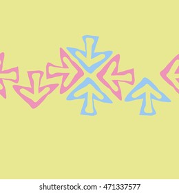 Seamless  horizontal pattern with arrows , doodles,  object, sign,  , symbol, hole, spots, copy space. Hand drawn.