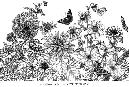 Seamless horizontal pattern of autumn flowers and butterflies. Dahlias, cosmos, zinnia, marigold in engraving style