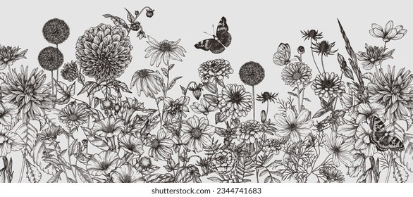 Seamless horizontal pattern autumn garden. Dahlia, cosmos, zinnia, marigold, calendula, rudbeckia, gladiolus, datura, eryngium, allium and butterflies in engraving style