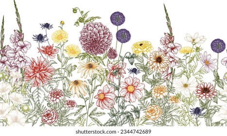 Seamless horizontal pattern autumn garden. Dahlia, cosmos, zinnia, marigold, calendula, rudbeckia, gladiolus, datura, eryngium, allium in engraving style