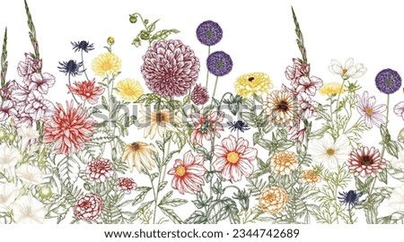 Seamless horizontal pattern autumn garden. Dahlia, cosmos, zinnia, marigold, calendula, rudbeckia, gladiolus, datura, eryngium, allium in engraving style