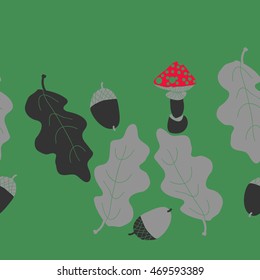 Seamless horizontal pattern of  autumn theme, doodles,  object,leaves, mushroom, acorns, oak, copy space. Hand drawn.