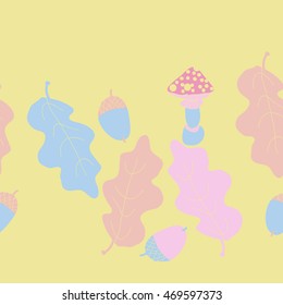 Seamless  horizontal  pattern of  autumn theme, doodles,  object,leaves, mushroom, acorns, oak, copy space. Hand drawn.