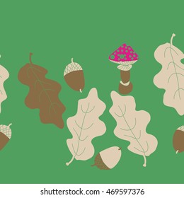 Seamless  horizontal  pattern of  autumn theme, doodles,  object,leaves, mushroom, acorns, oak, copy space. Hand drawn.