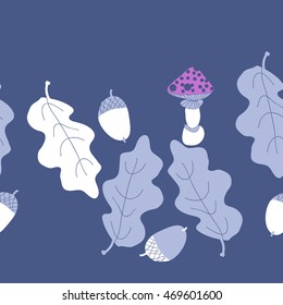 Seamless  horizontal  pattern of  autumn theme, doodles,  object,leaves, mushroom, acorns, oak, copy space. Hand drawn.