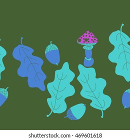 Seamless  horizontal  pattern of  autumn theme, doodles,  object,leaves, mushroom, acorns, oak, copy space. Hand drawn.