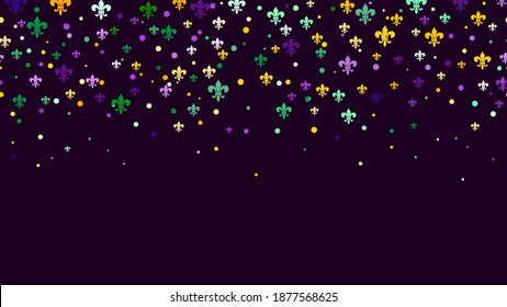 Seamless horizontal pattern beautiful geometric yellow, green, purple confetti on black background. Venetian carnival Mardi Gras party. Great for horizontal posters, header for website. Vector