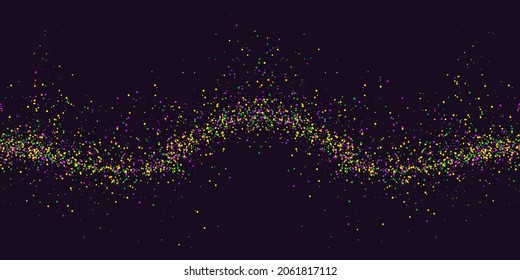 Seamless horizontal pattern beautiful geometric yellow, green, purple confetti on black background. Venetian carnival Mardi Gras party. Great for horizontal posters, header for website. Vector