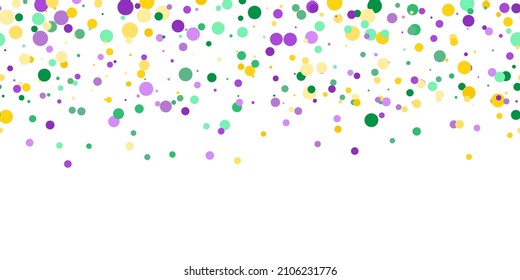 Seamless horizontal pattern beautiful geometric yellow, green, purple confetti on white background. Venetian carnival Mardi Gras party. Great for horizontal posters, header for website. Vector