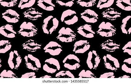 Seamless horizontal pattern with beautiful pink color lips prints on dark background. Can be used in textile design, web design for making of clothes, accessories, decorative paper, wrapping, envelope.