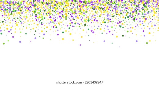 Seamless horizontal pattern beautiful scattered yellow, green, purple confetti on white background. Venetian carnival Mardi Gras party. Great for horizontal posters, header for website. Vector