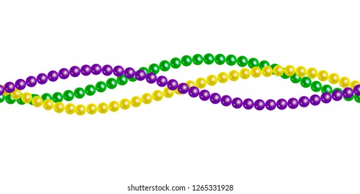 Seamless horizontal pattern beautiful yellow, green, purple beads on a white background. Mardi Gras Party. Venetian carnival mardi gras party.  Vector Design with carnival symbol 