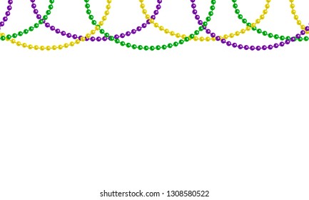 Seamless horizontal pattern beautiful yellow, green, purple beads on a white background. Mardi Gras Party. Venetian carnival mardi gras party.  Vector Design with carnival symbol 