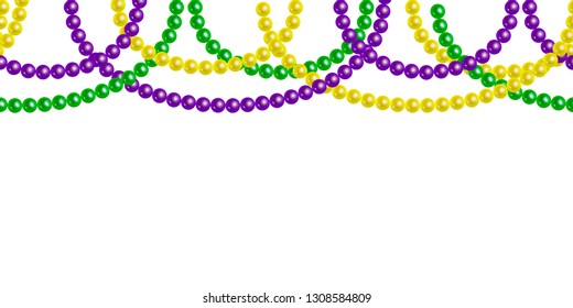 Seamless horizontal pattern beautiful yellow, green, purple beads on a white background. Mardi Gras Party. Venetian carnival mardi gras party.  Vector Design with carnival symbol 