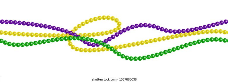 Seamless horizontal pattern beautiful yellow, green, purple beads on a white background. Mardi Gras Party. Venetian carnival mardi gras party.  Vector Design with carnival symbol 