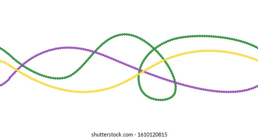Seamless horizontal pattern beautiful yellow, green, purple beads on a white background. Mardi Gras Party. Venetian carnival mardi gras party. Great for horizontal posters, header for website. Vector