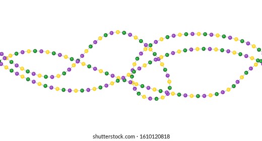 Seamless horizontal pattern beautiful yellow, green, purple beads on a white background. Mardi Gras Party. Venetian carnival mardi gras party. Great for horizontal posters, header for website. Vector