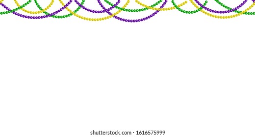 Seamless horizontal pattern beautiful yellow, green, purple beads on a white background. Mardi Gras Party. Venetian carnival mardi gras party. Great for horizontal posters, header for website. Vector