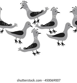Seamless horizontal  pattern of birds, doodles,  object, copy space . Hand drawn.