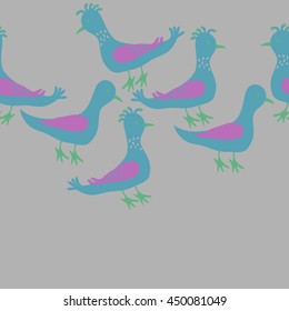 Seamless horizontal  pattern of birds, doodles,  object, copy space . Hand drawn.