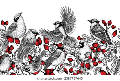 Seamless horizontal pattern of birds on a rosehip bush. Waxwing, robin, bullfinch, red cardinal, sparrow and blue jay in engraving style