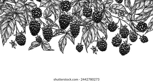 Seamless horizontal pattern of blackberry bush in engraving style