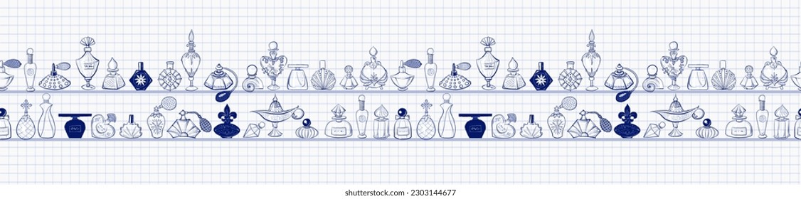 Seamless horizontal pattern with blue pen doodle perfume bottles on lined paper background. Can be used for wallpaper, pattern fills, textile, web page background, surface textures