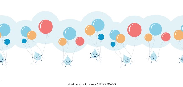 Seamless horizontal pattern with blue water and rain drop characters flying with color bubble balloons with strings. Design concept for kids, birthday party, baby shower, garland, children room, etc.