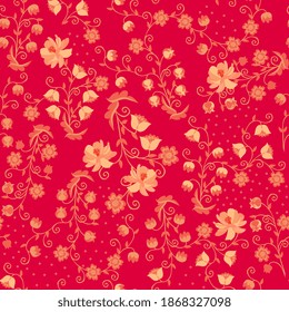 Seamless horizontal pattern with bouquets of fabulous flowers on a raspberry background. Russian folk motives.