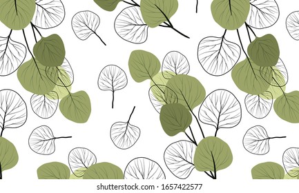 Seamless horizontal pattern with branches of eucalyptus on a flat style and black and white contours of leaves . Vector flat illustration
