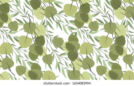 Seamless horizontal pattern with branches of a willow and eucalyptus on a white background. Vector flat illustration
