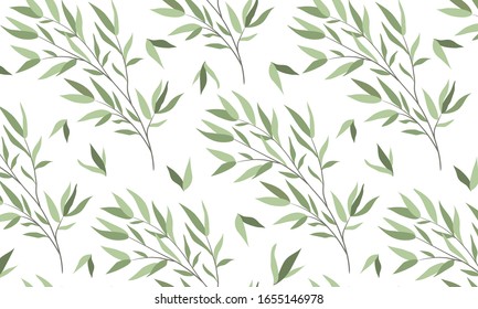 Seamless horizontal pattern with branches of a willow on a white background. Vector flat illustration