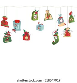 Seamless horizontal  pattern brush with  Christmas gift boxes on white. Simple colors. Endless texture for Christmas design, announcements, postcards, posters.