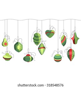 Seamless horizontal  pattern brush with  Christmas decoration on white. Simple colors. Endless texture for Christmas design, announcements, postcards, posters.