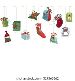 Seamless horizontal  pattern brush with  Christmas gift boxes on white. Simple colors. Endless texture for Christmas design, announcements, postcards, posters.