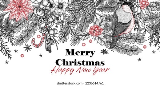 Seamless horizontal pattern with bullfinch and winter plants in engraving style. Christmas tree branch with cones, juniper, pine, holly, thuja, mistletoe, hellebore, poinsettia, cotoneaster, cotton
