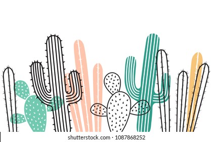 Seamless Horizontal  Pattern with Cactus. Vector Background.