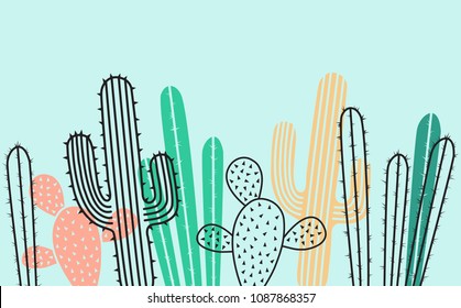 Seamless Horizontal  Pattern with Cactus. Vector Background.