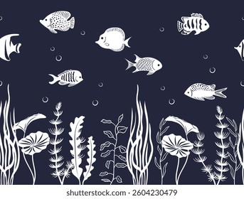 Seamless horizontal pattern with cartoon fish and seaweeds. Vector underwater print
