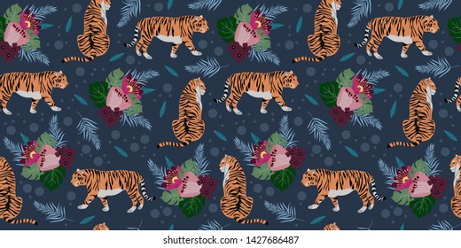 Seamless horizontal pattern with cartoon tigers and tropical flowers and leaves. Trendy flat cute style. Vector illustration