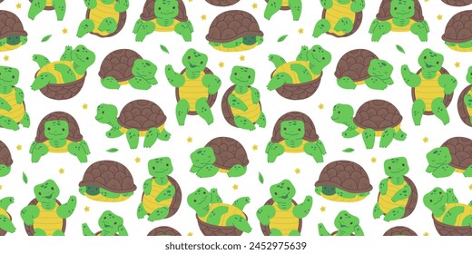 Seamless horizontal pattern with cartoon turtles: sitting, lying, dancing, ideal for wallpaper in children's rooms and textiles for the children's room..