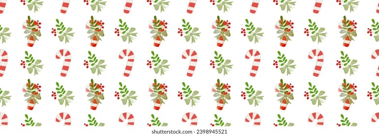 Seamless horizontal pattern with Christmas candy cane and floral decoration. Christmas stick. Traditional xmas candy with red and white striped. Santa caramel cake with striped pattern. 