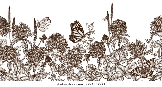 Seamless horizontal pattern of clover bush and butterflies in engraving style