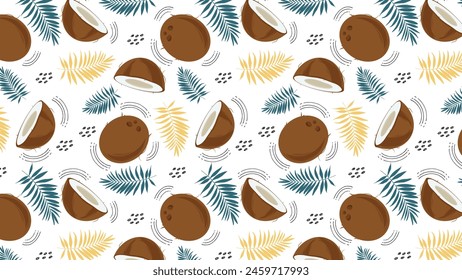 Seamless horizontal pattern with coconut, palm leaves and abstract elements, on a white background. Whole coconut and slice. Vector illustration in cartoon flat style.