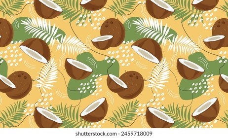 Seamless horizontal pattern with coconut, palm leaves and abstract elements, on yellow background. Whole coconut and slice. Vector illustration in cartoon flat style.