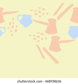 Seamless   horizontal pattern of  coffee theme, doodles,  objects, caps, grains,pots, cinnamon, copy space . Hand drawn.