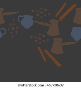Seamless   horizontal pattern of  coffee theme, doodles,  objects, caps, grains,pots, cinnamon, copy space . Hand drawn.